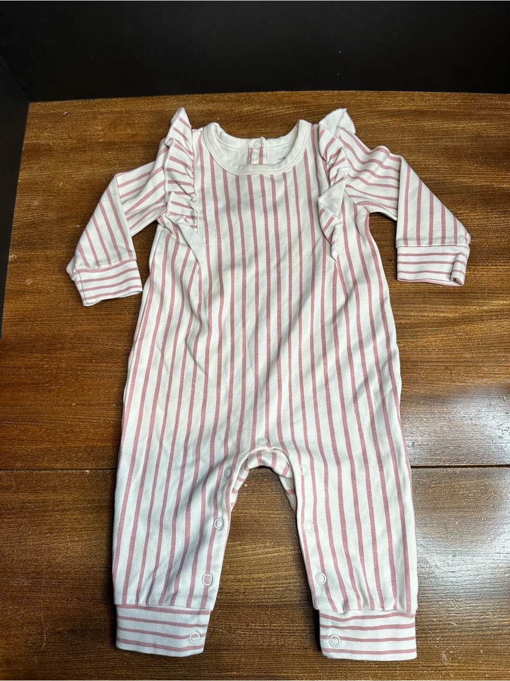 Pehr Baby Romper Organic Cotton Pink/Rose White Stripe Ruffle One-Piece